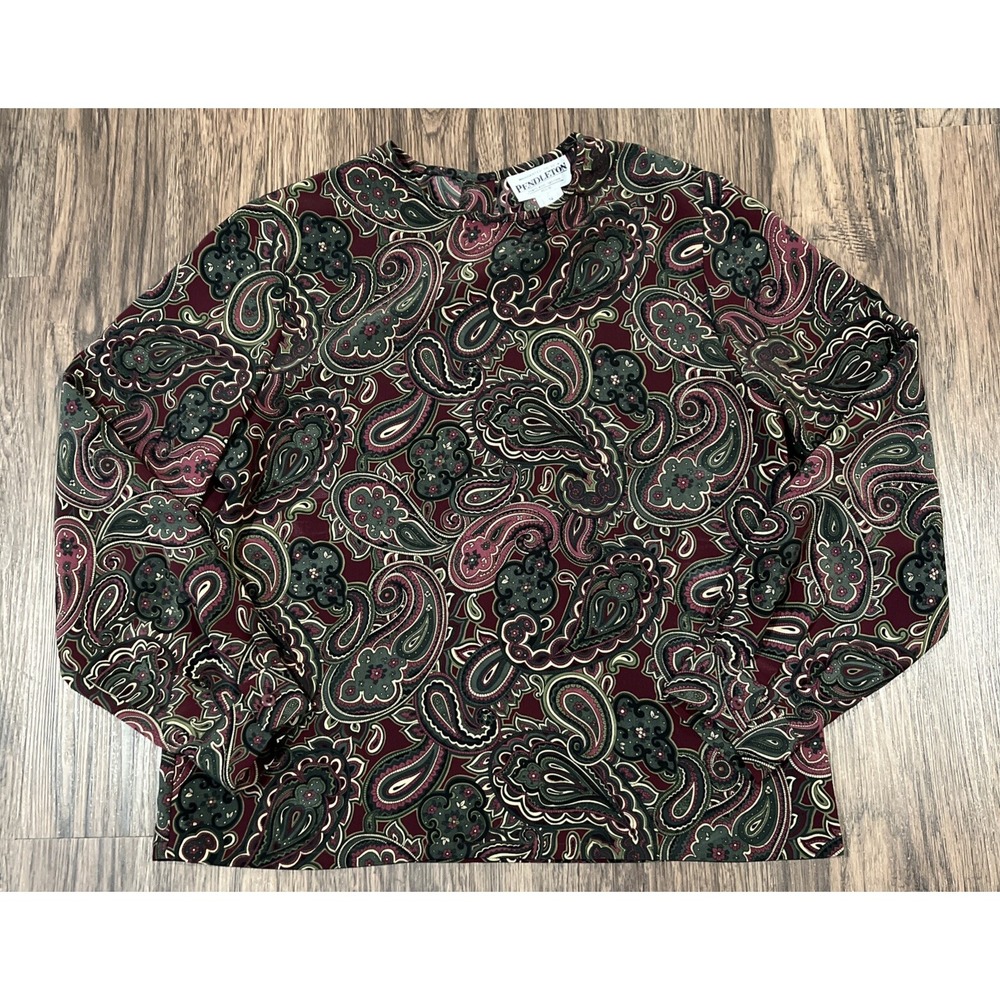 Pendleton Women's Paisley Print Top Size 12P Green & Purple Long Sleeve
